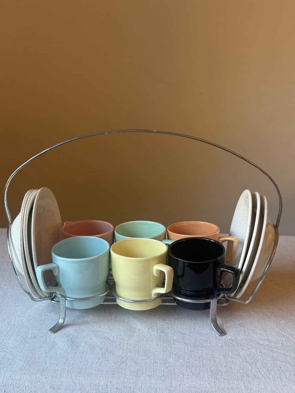Vintage Pastel Espresso Cup & Saucer Set with Chrome Display Stand