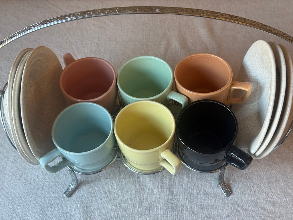 Vintage Pastel Espresso Cup & Saucer Set with Chrome Display Stand