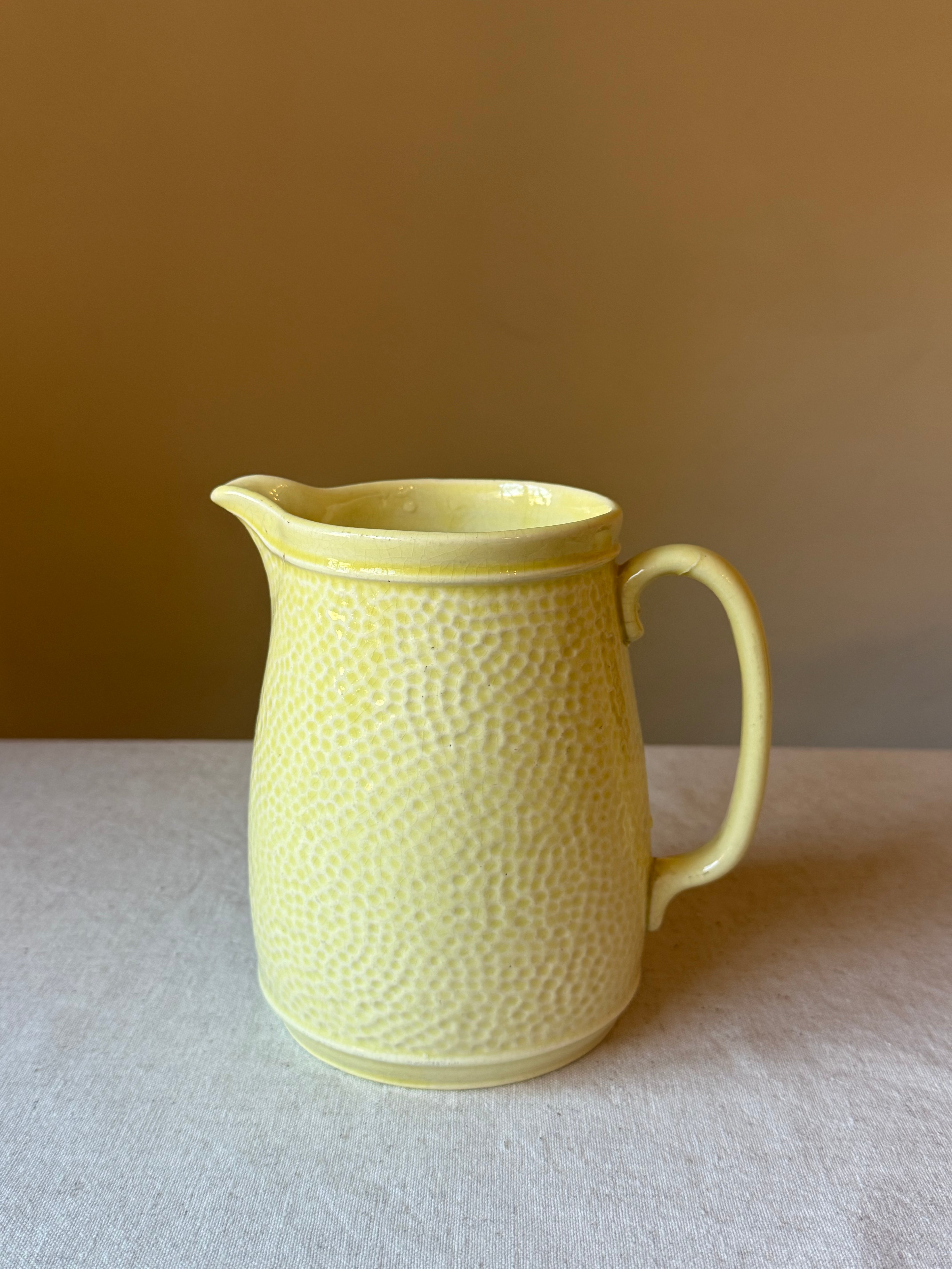 Vintage Textured Yellow Stoneware Jug | Rustic Country Cottage Pitcher