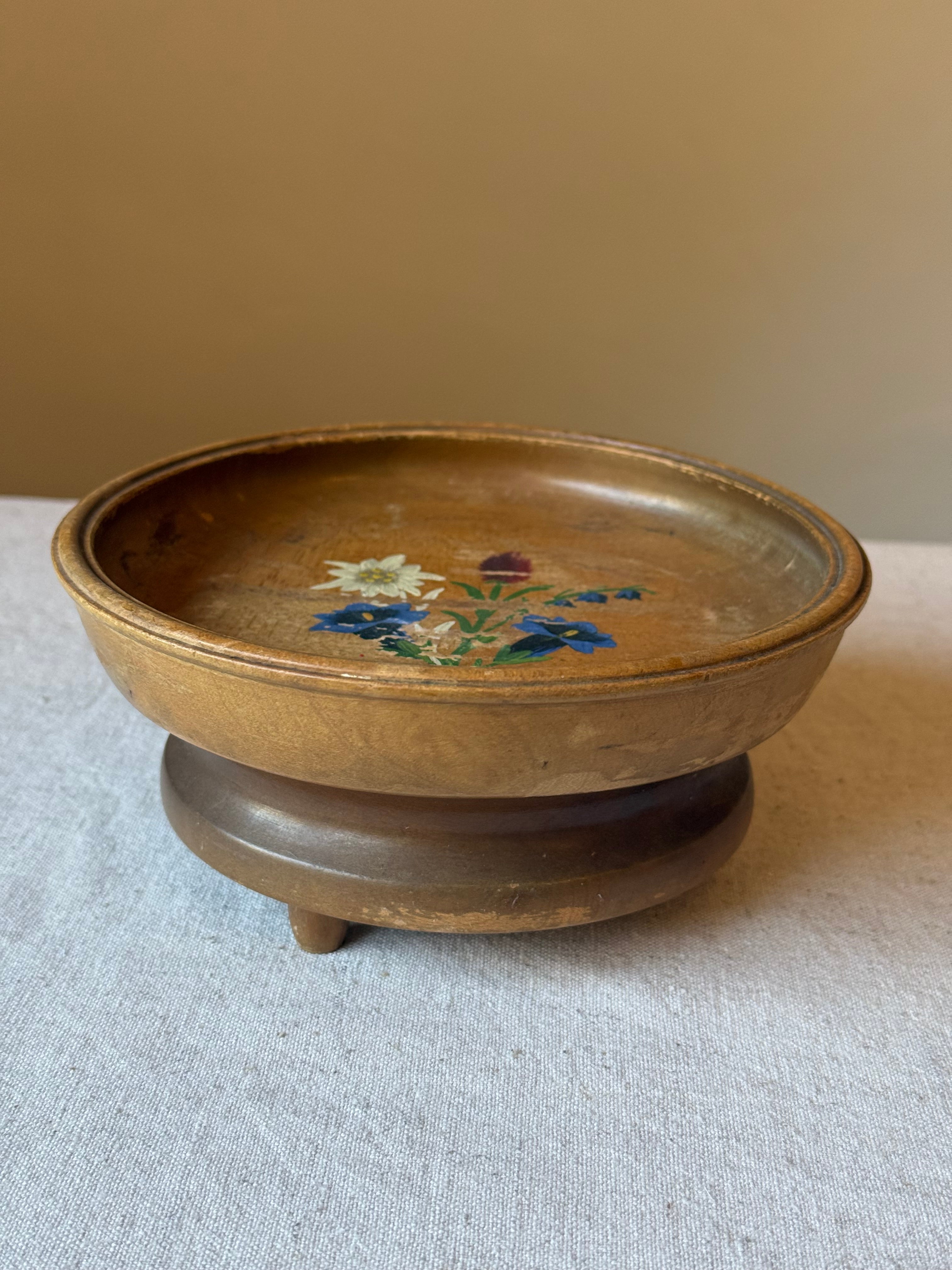 Vintage Swiss Hand-Turned Wooden Musical Pedestal Bowl.