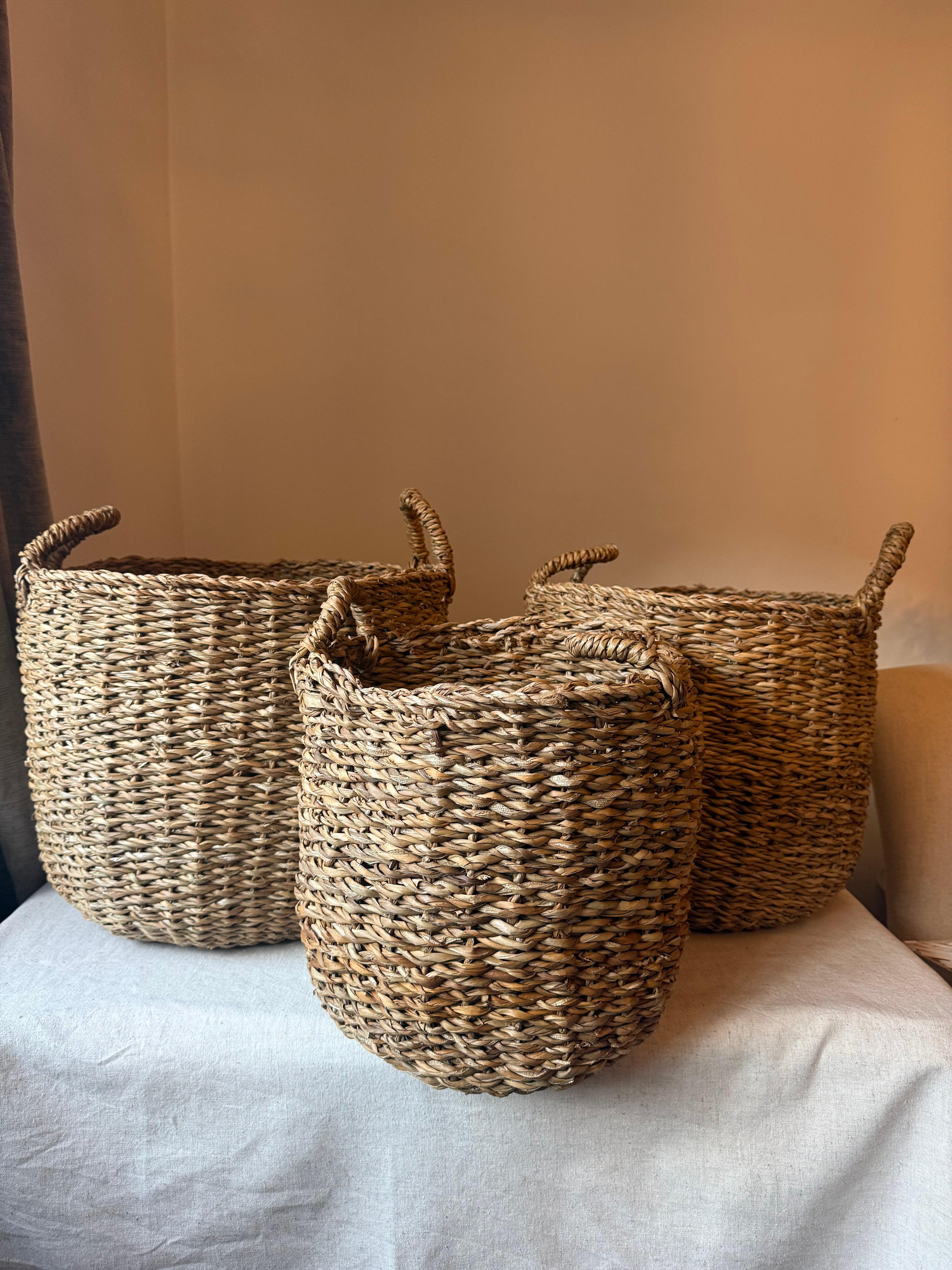 Set of 3 Natural Woven Storage Baskets with Handles