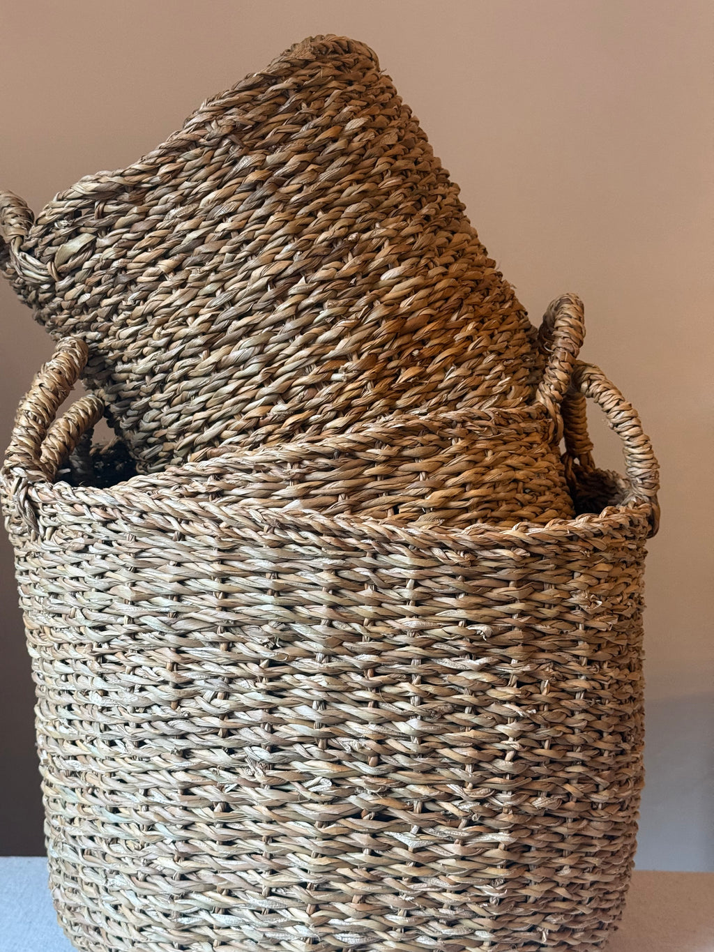 Set of 3 Natural Woven Storage Baskets with Handles