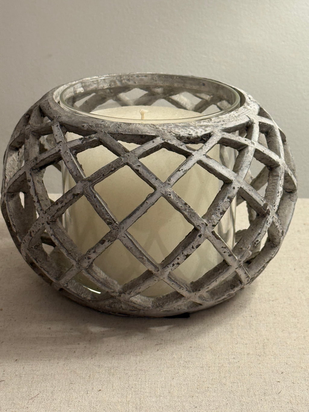 Hill Ceramic Lattice Hurricane Lantern with Glass Insert & Pillar Candle