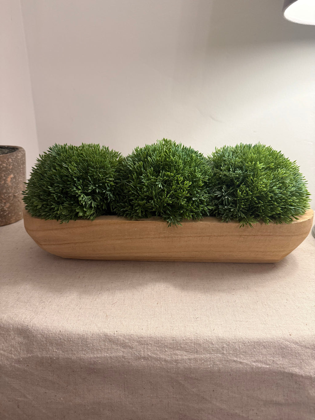 Wooden Dough Bowl with Faux Moss Ball Arrangement