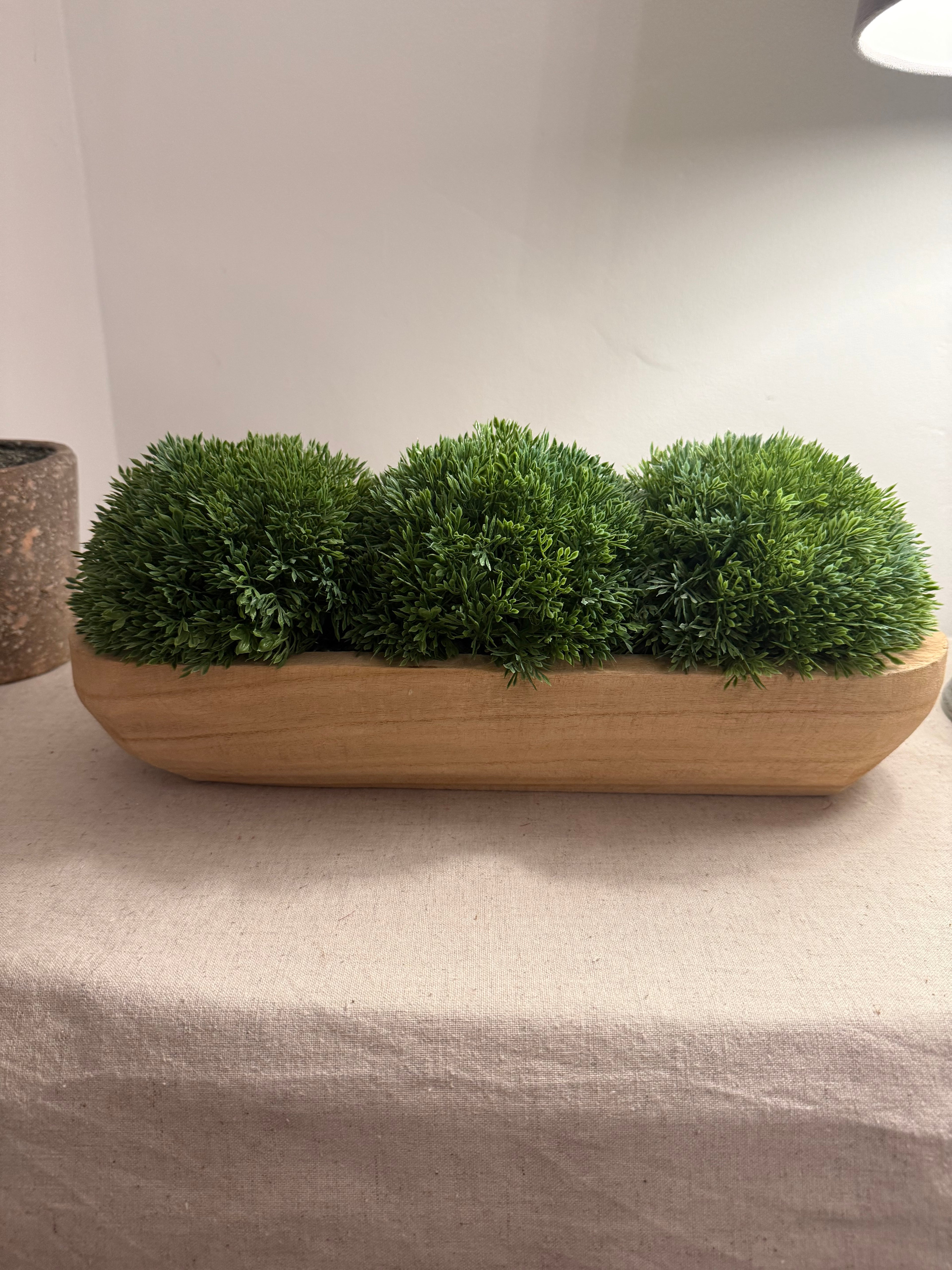 Wooden Dough Bowl with Faux Moss Ball Arrangement