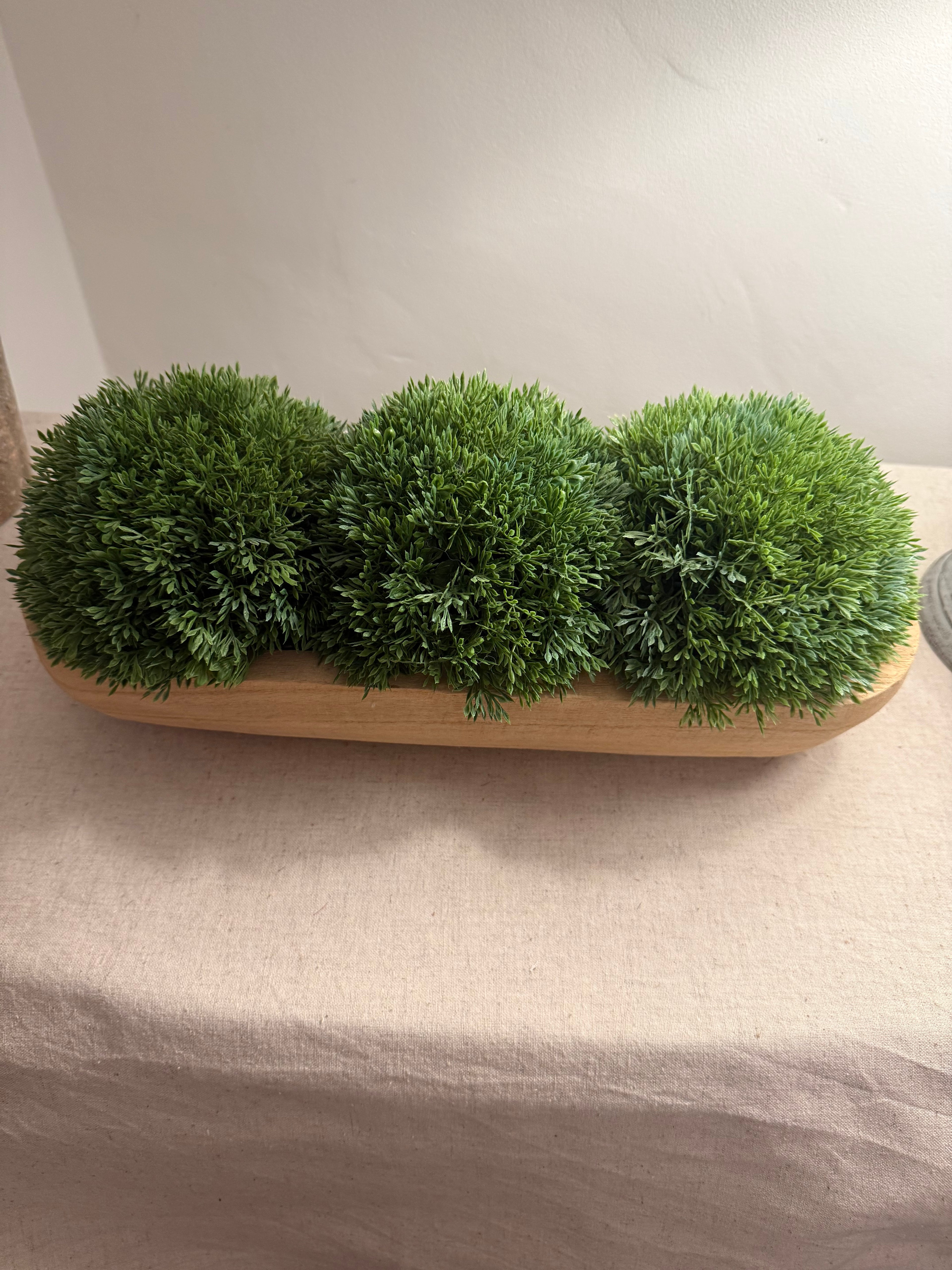 Wooden Dough Bowl with Faux Moss Ball Arrangement