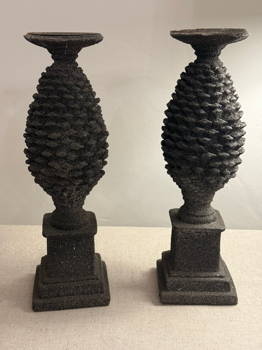 Pair of Rustic Pinecone Candlesticks – Charcoal Stone Effect