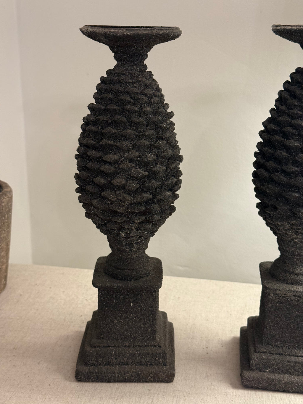 Pair of Rustic Pinecone Candlesticks – Charcoal Stone Effect